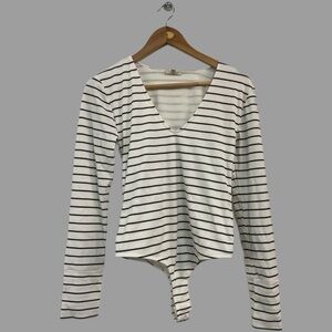 Anthropologie Piloro Striped Long Sleeve White V-Neck Bodysuit